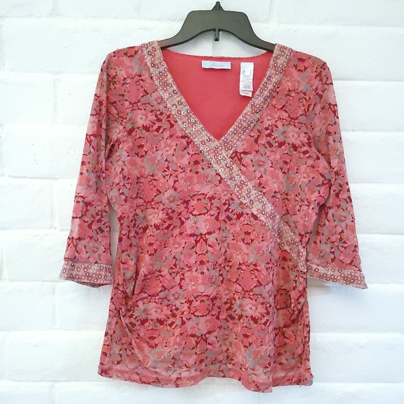 JH Collectibles Tops - JH Collectibles Women's Large Nylon Mesh Stretch 3/4 Sleeves V-Neck Pink Gray